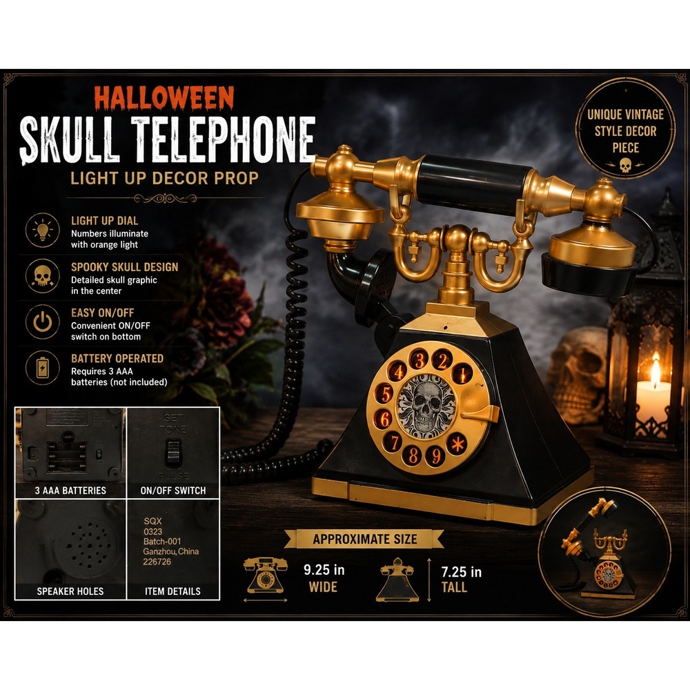 Halloween Skull Telephone Light Up Decor Prop Black Gold Vintage Style SQX 0323